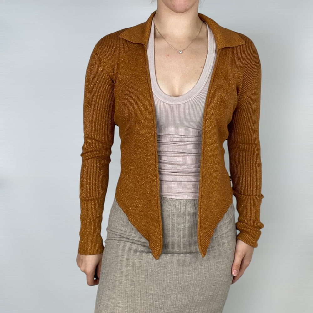 RESA Collared Gold Sparkle Long Sleeve Sweater Cardigan Tie Stretch‎ Ribbed